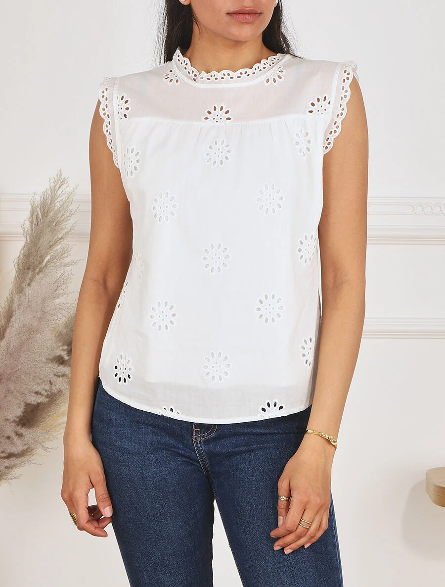 Effen mouwloze blouse met bloemmotief - wit - Image 4