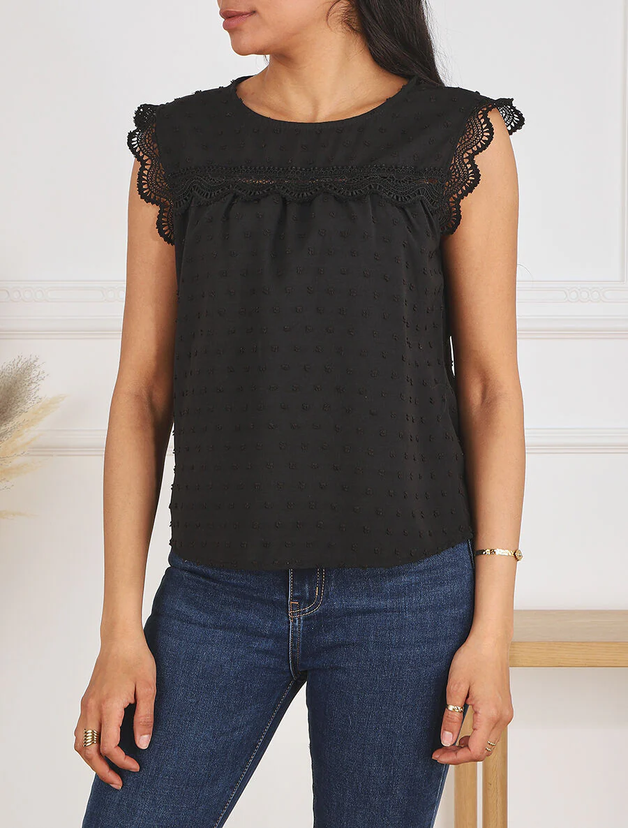 Effen mouwloze blouse met structuur - Zwart - Image 4
