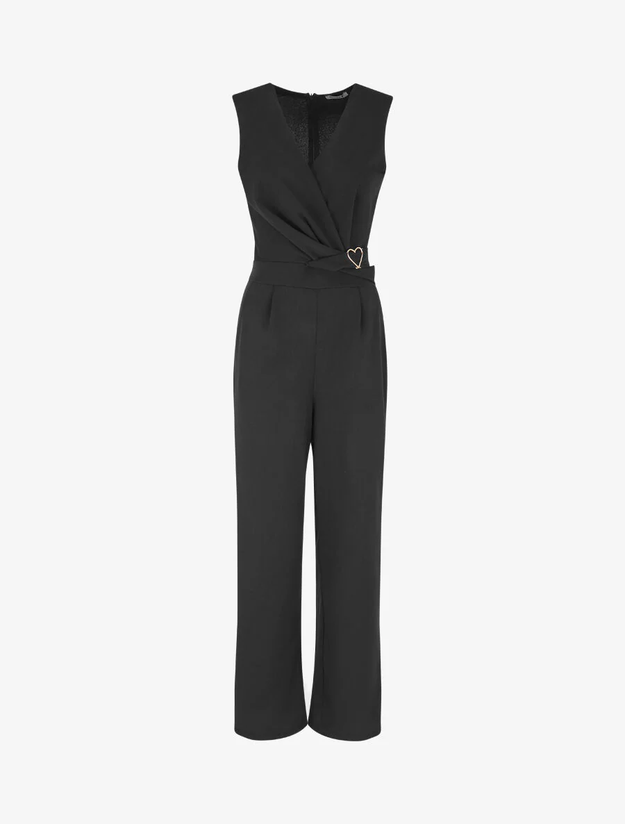Effen mouwloze jumpsuit met hartdetail - zwart