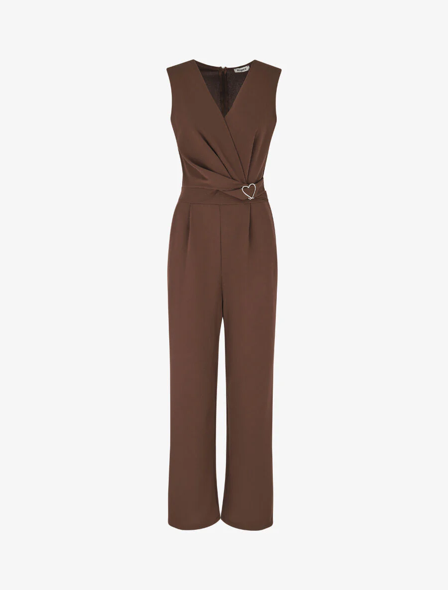Effen mouwloze jumpsuit met hartdetail - Bruin