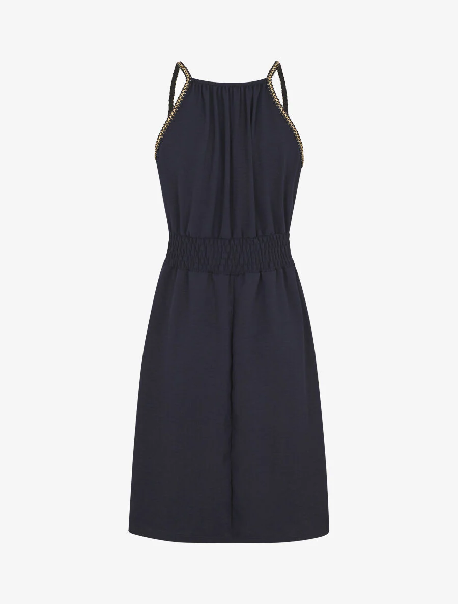 Effen mouwloze jurk met elastische tailleband - Marineblauw - Image 2
