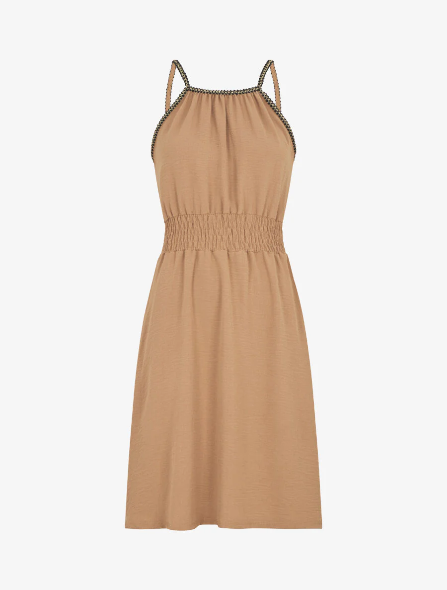 Effen mouwloze jurk met elastische tailleband - Kameel