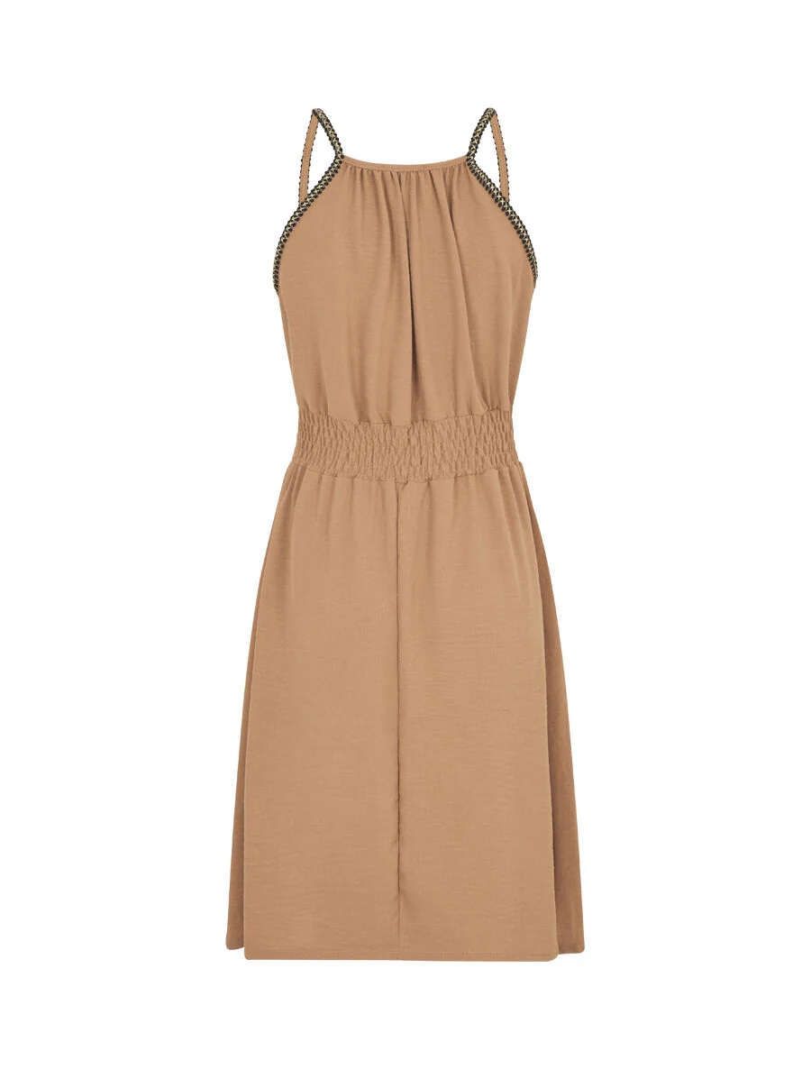 Effen mouwloze jurk met elastische tailleband - Kameel - Image 2