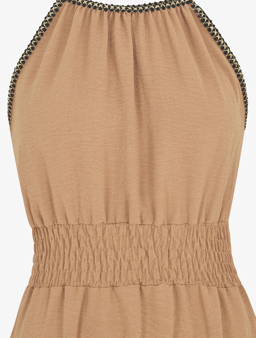 Effen mouwloze jurk met elastische tailleband - Kameel - Image 3