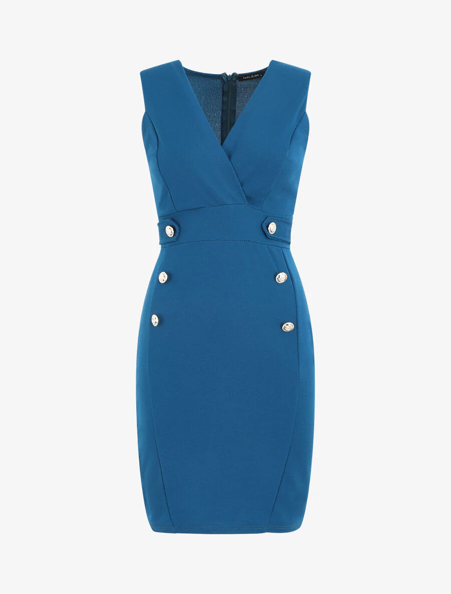 Effen mouwloze jurk met knopen - blauw - Image 2