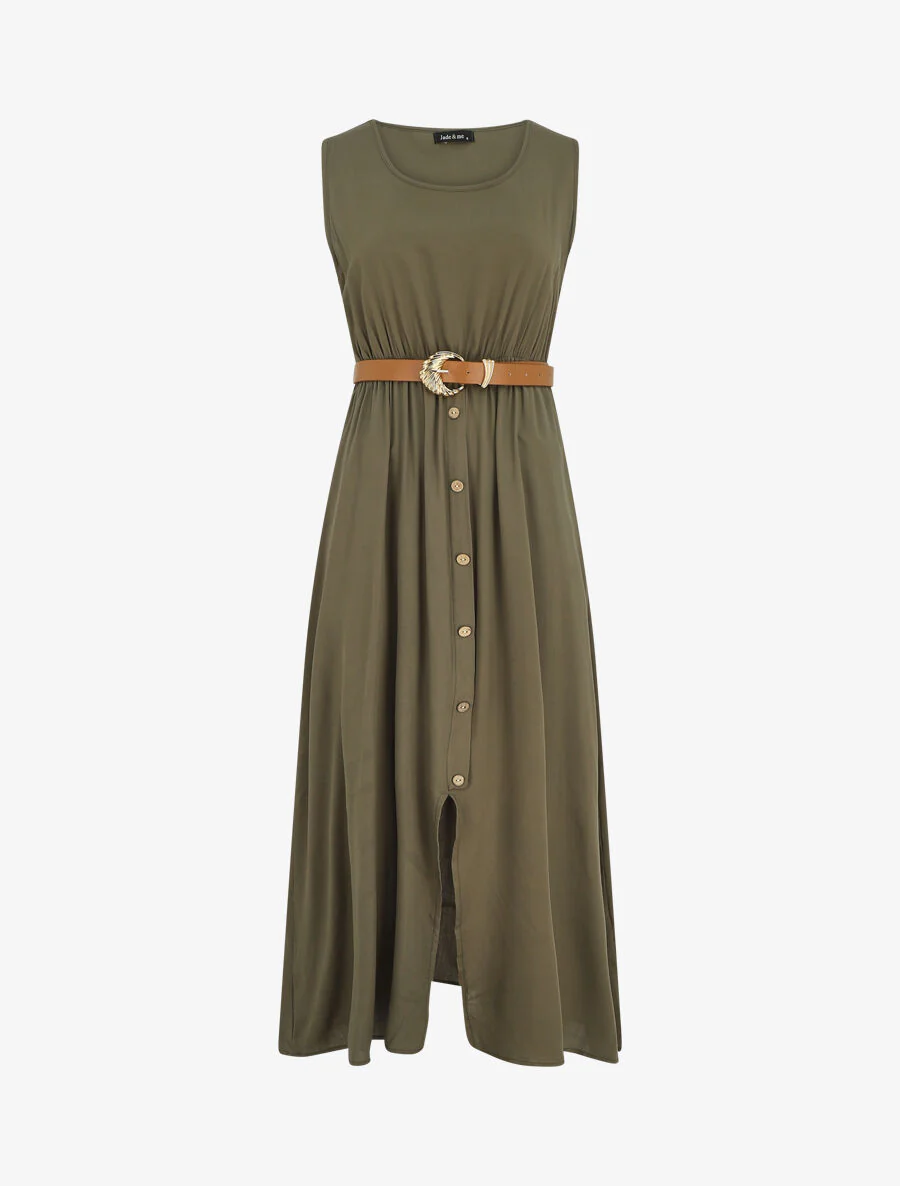 Effen. mouwloze lange jurk met knopen - Khaki