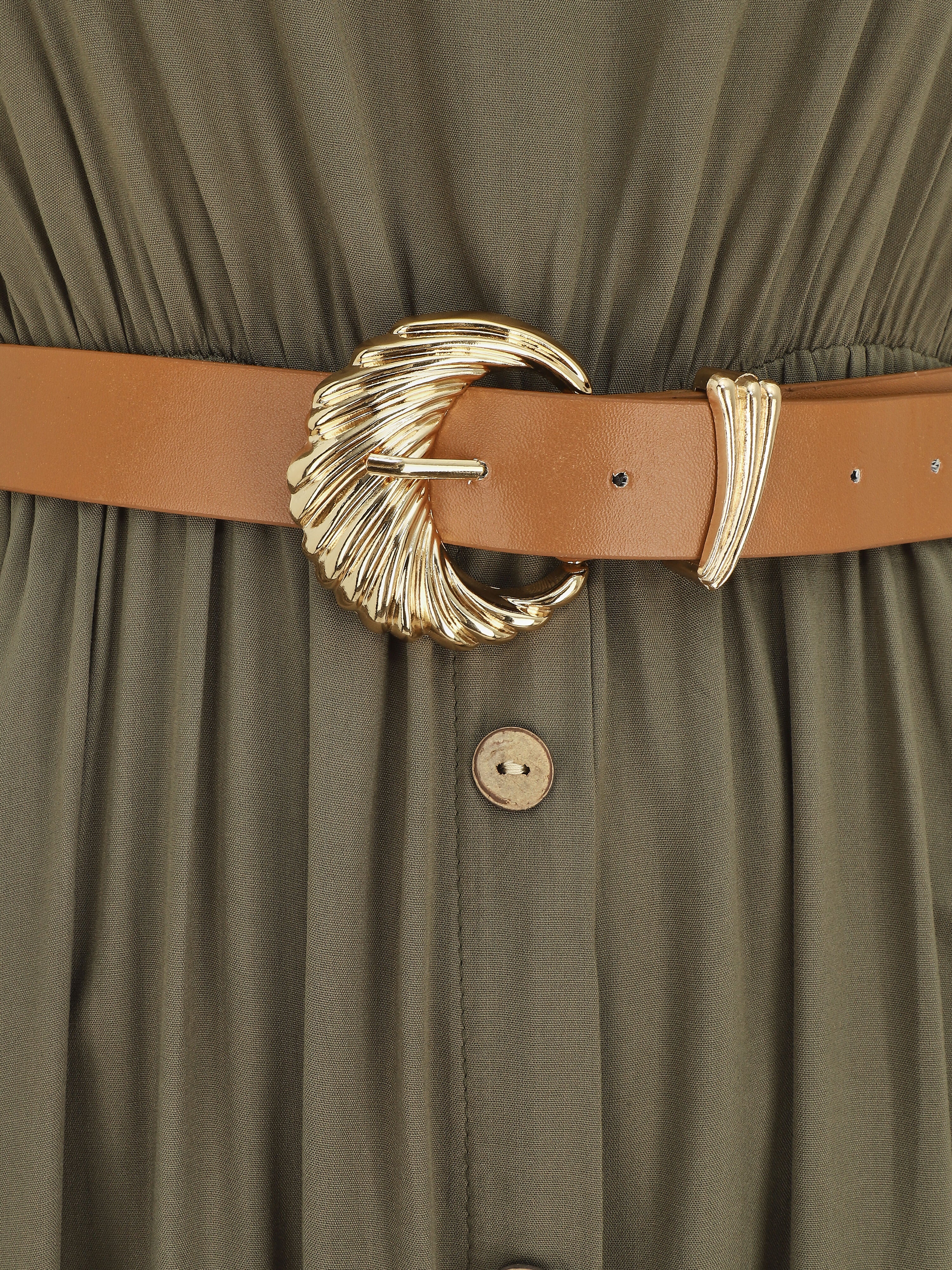 Effen. mouwloze lange jurk met knopen - Khaki - Image 3