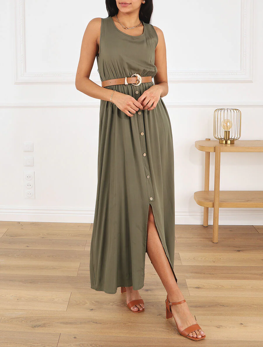 Effen. mouwloze lange jurk met knopen - Khaki - Image 4