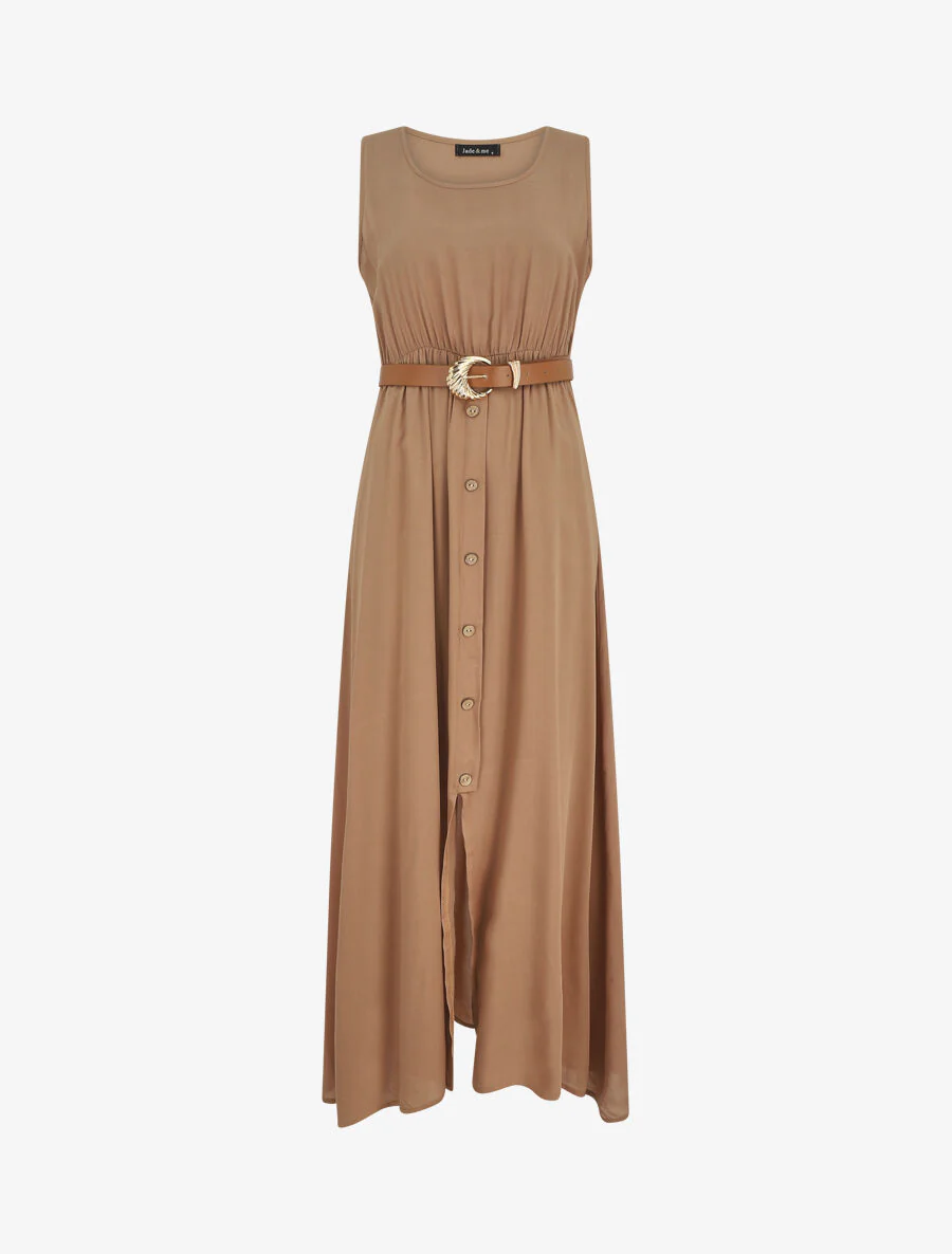 Effen. mouwloze lange jurk met knopen - Beige