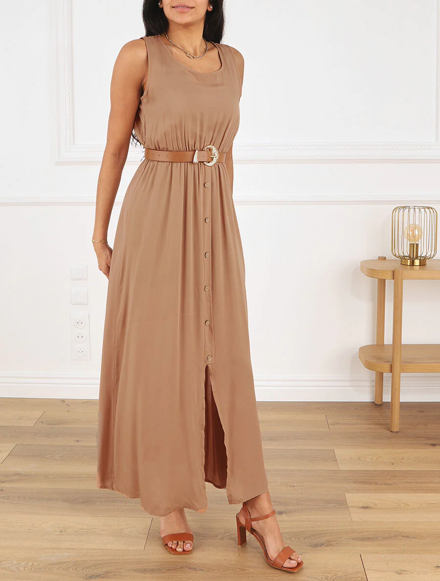 Effen. mouwloze lange jurk met knopen - Beige - Image 4