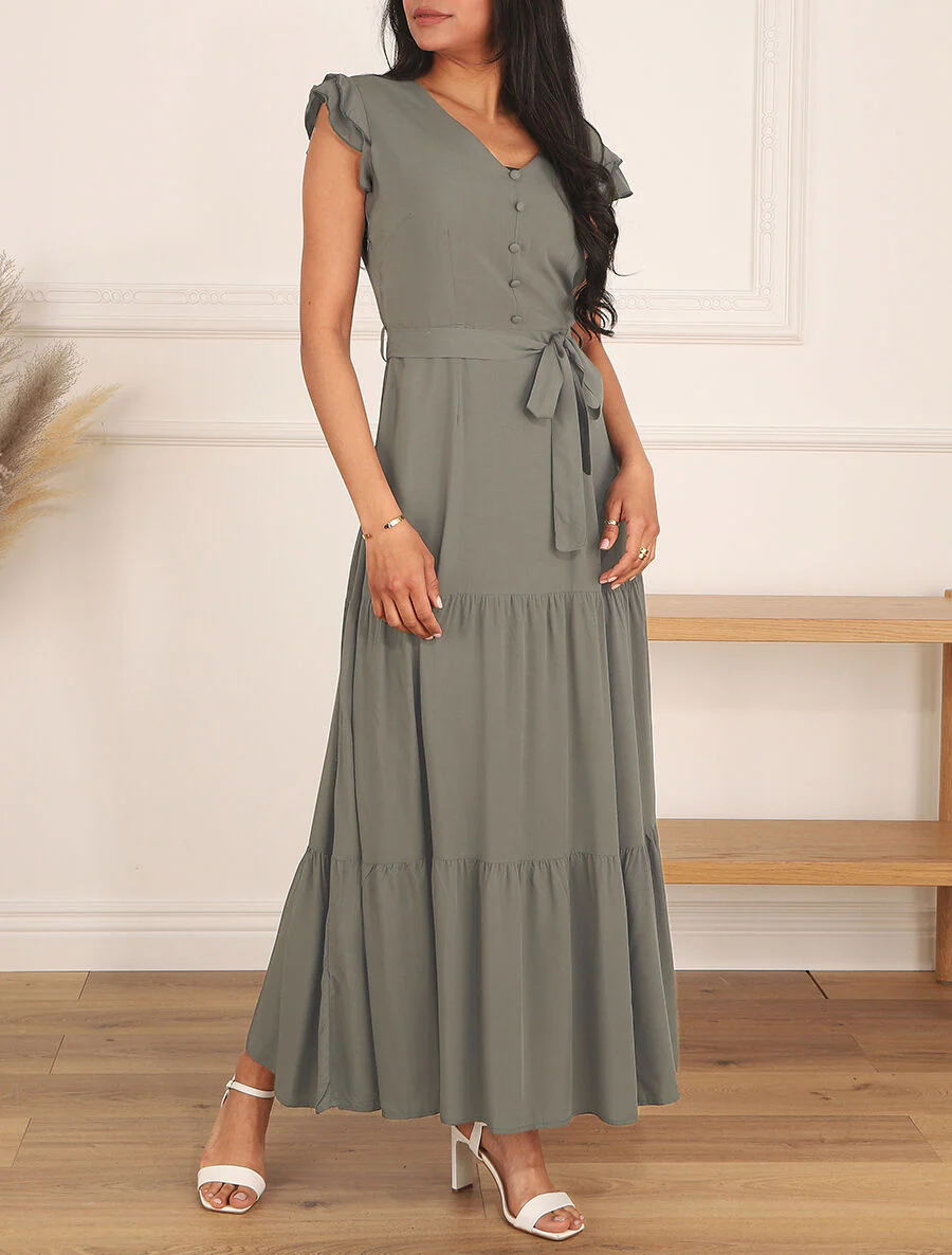Effen mouwloze lange jurk met ruches - Khaki - Image 4