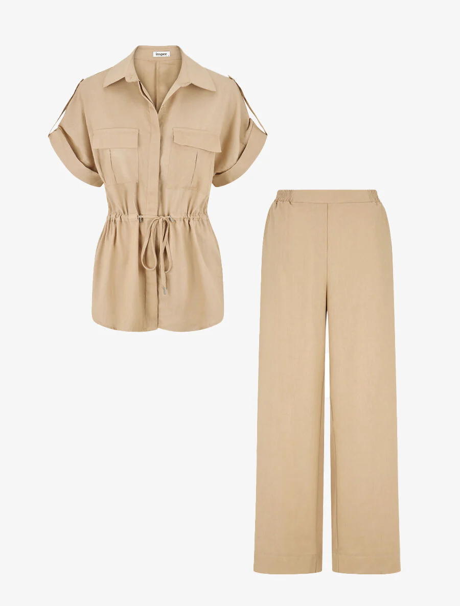 Effen overhemd en broek met linnen effect - Beige - Image 2