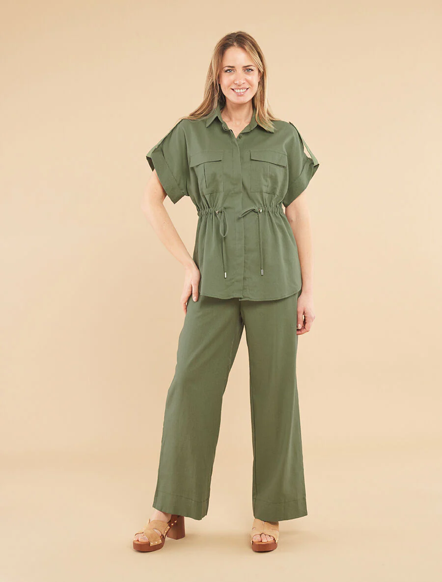 Effen overhemd en broek met linnen effect - Kakigroen
