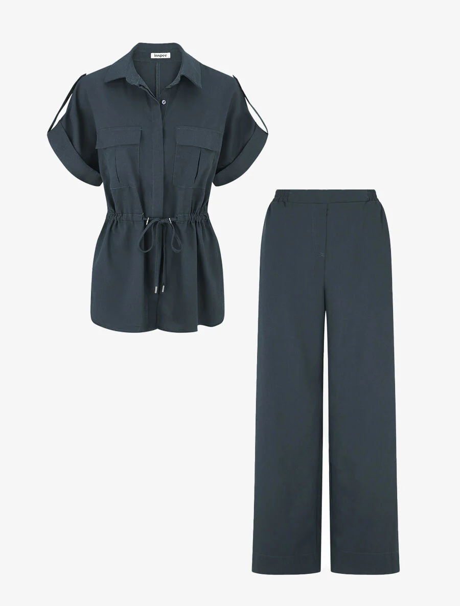 Effen overhemd en broek met linnen effect - Blauw petrol - Image 2