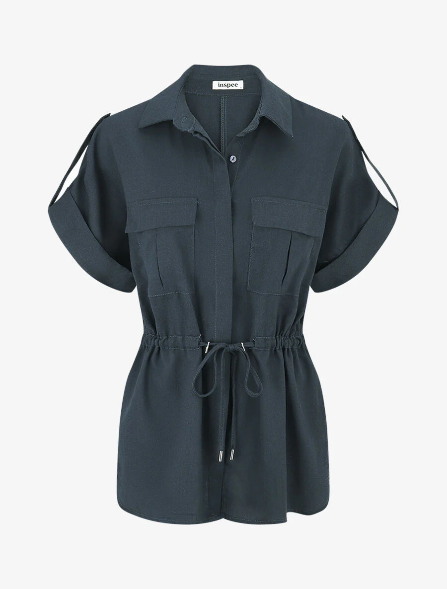 Effen overhemd en broek met linnen effect - Blauw petrol - Image 3