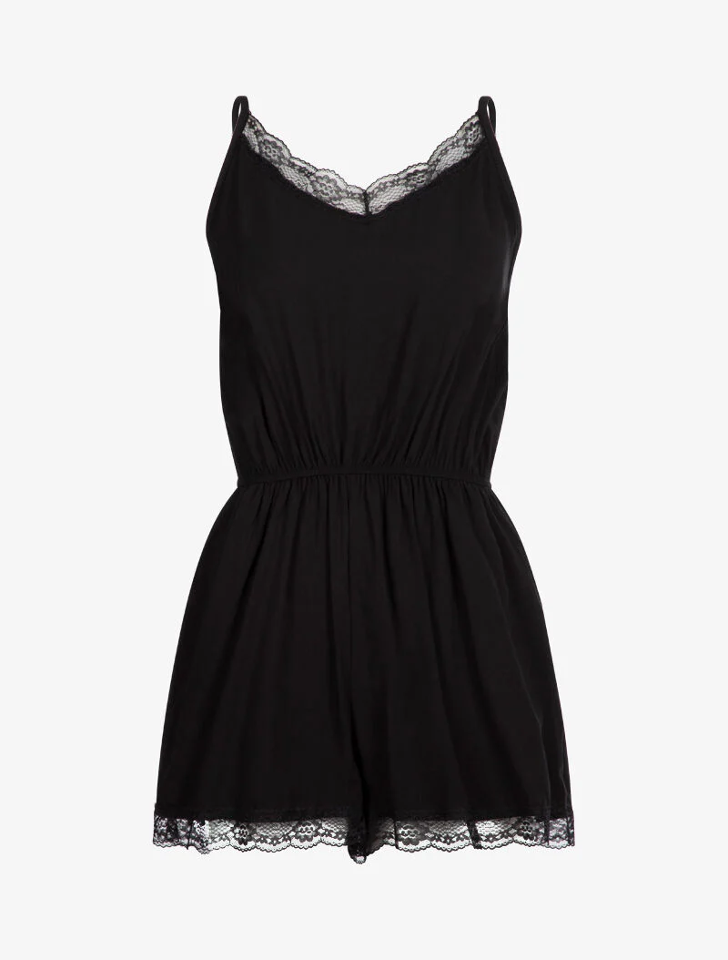 Effen playsuit met kanten randen - zwart - Image 2