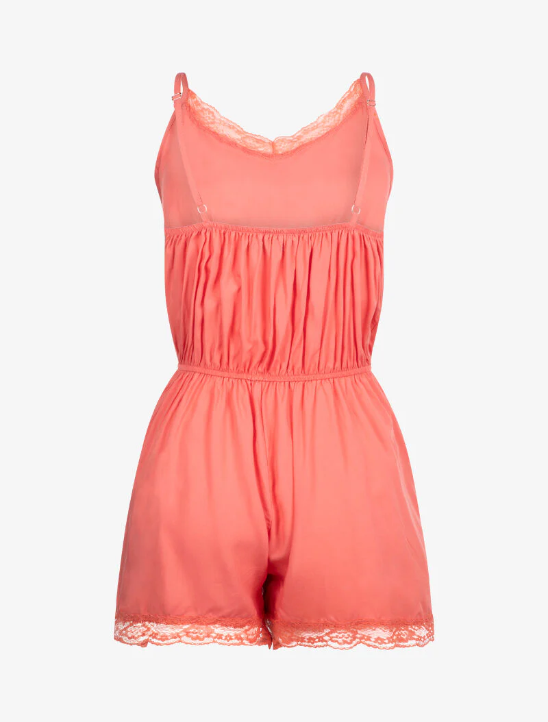 Effen playsuit met kanten randen - koraal - Image 2