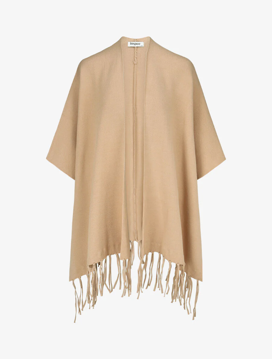 Effen poncho met franjes - Camel