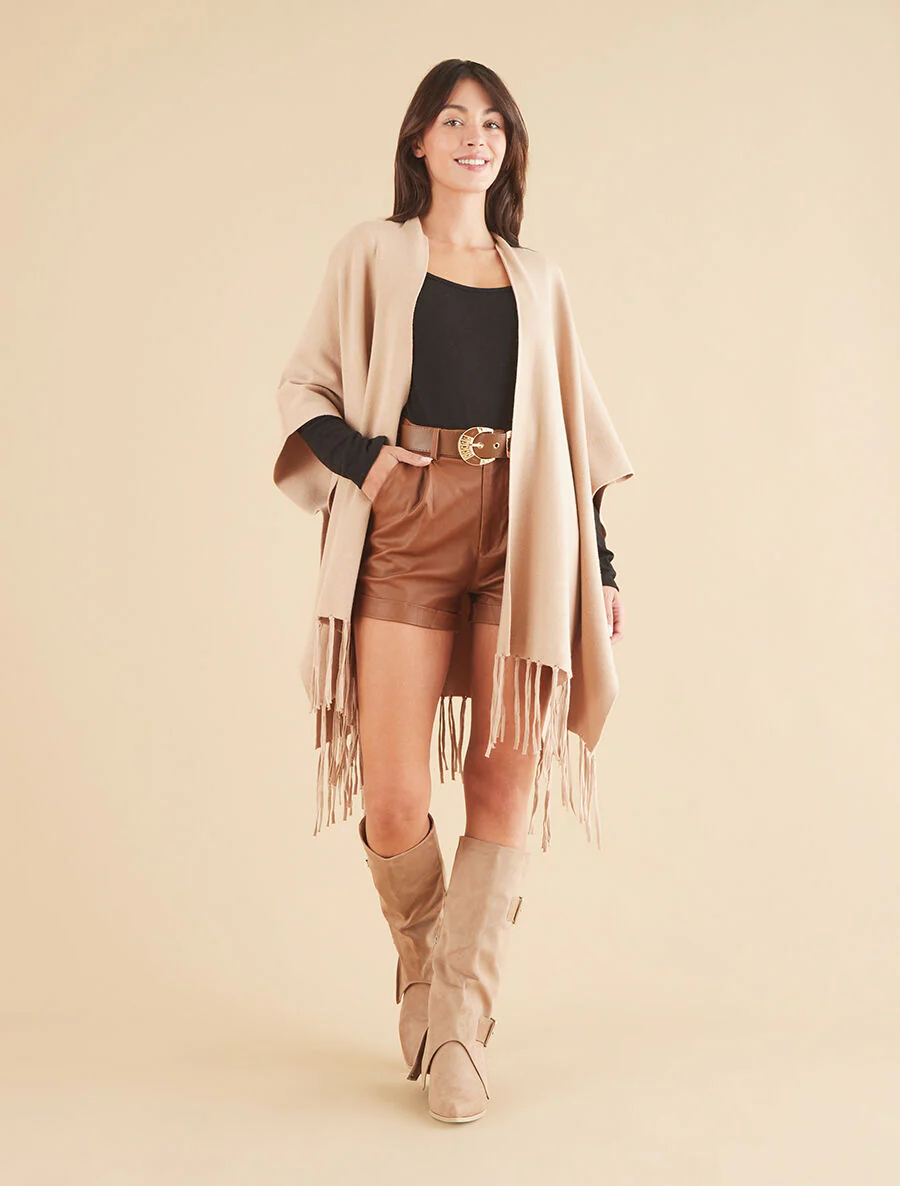 Effen poncho met franjes - Camel - Image 4