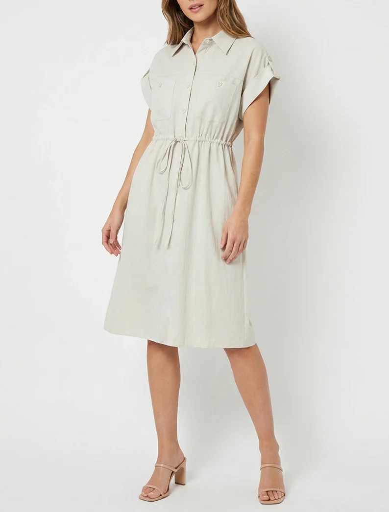 Effen, recht jurk met korte mouwen - Beige - Image 4