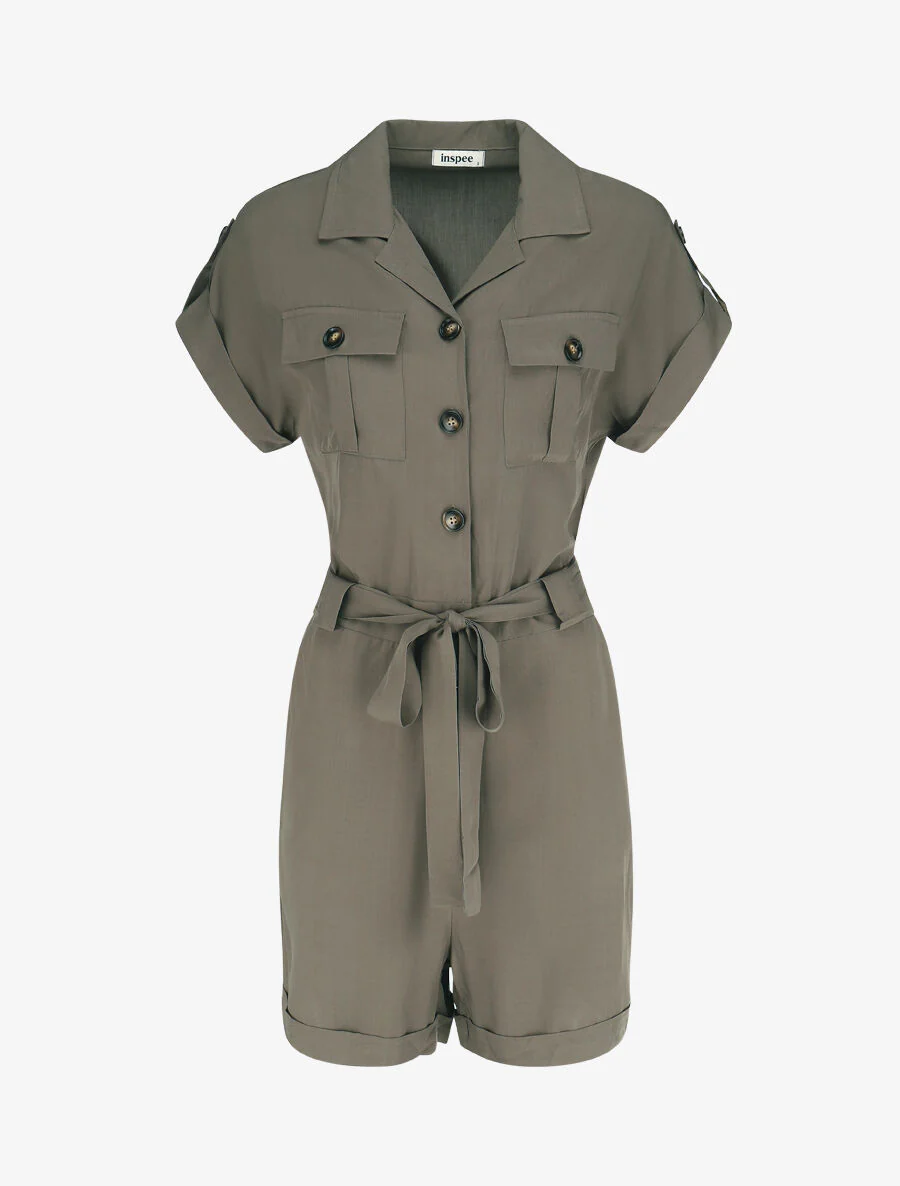 Effen rechte jumpsuit met korte mouwen - Kakigroen