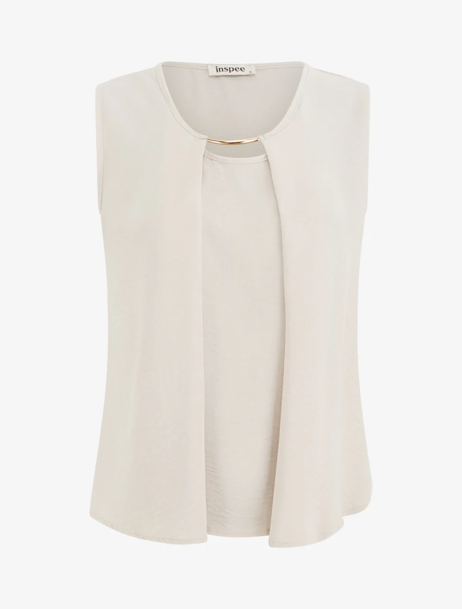 Effen rechter top met ronde hals en juweel - Beige