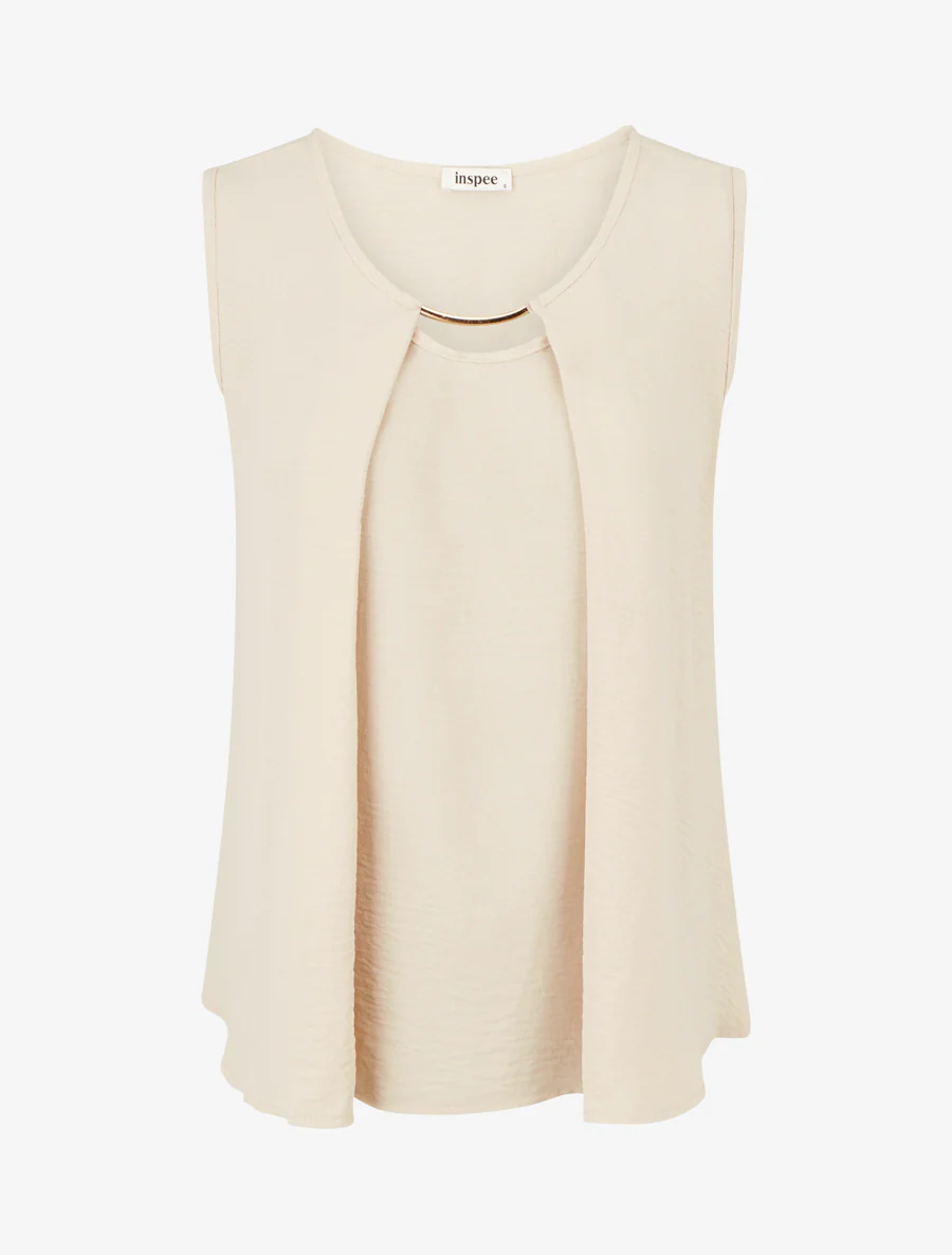 Effen rechter top met ronde hals en juweel - Donker beige