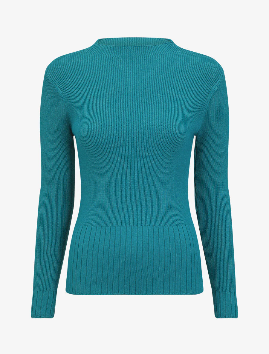 Effen ribtrui met opstaande kraag - Blauwgroen