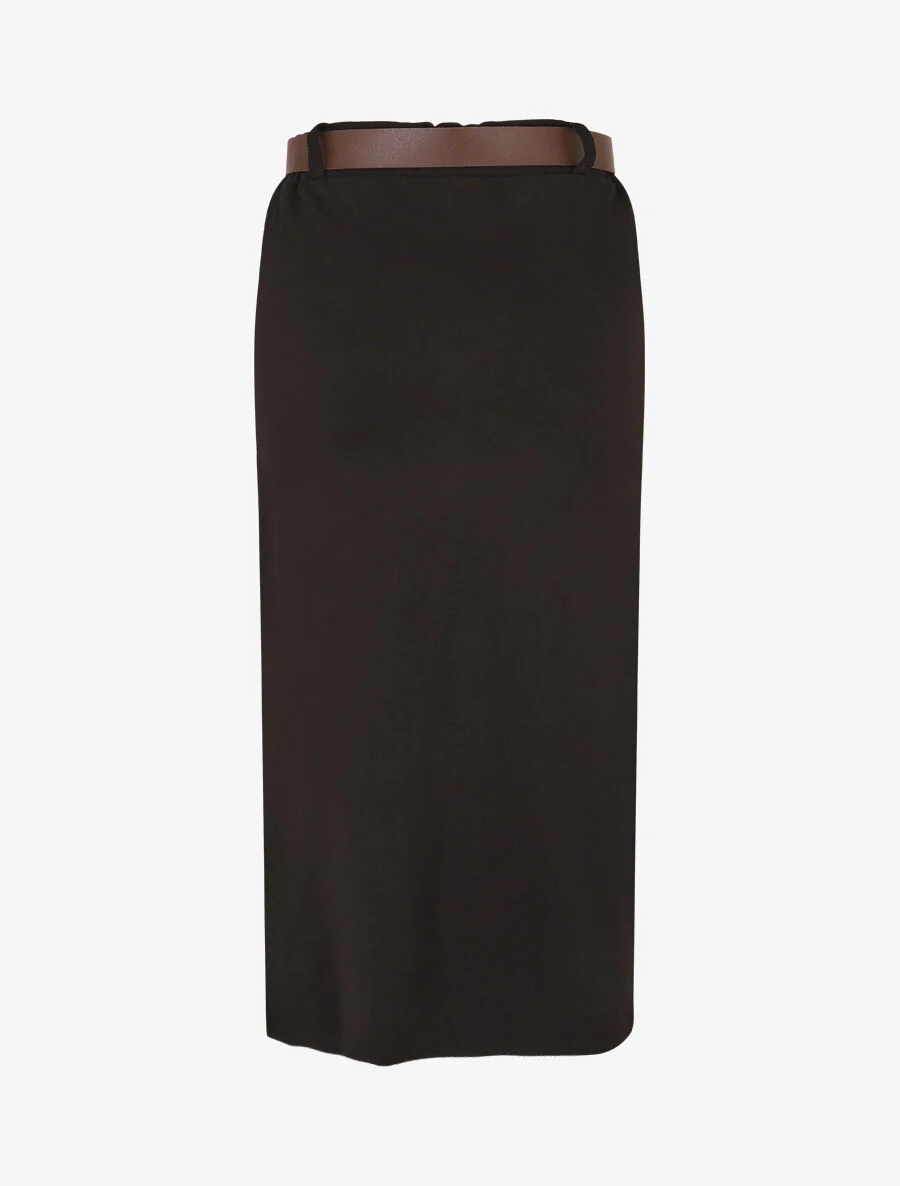 Effen rok met split en elastische tailleband - zwart - Image 2