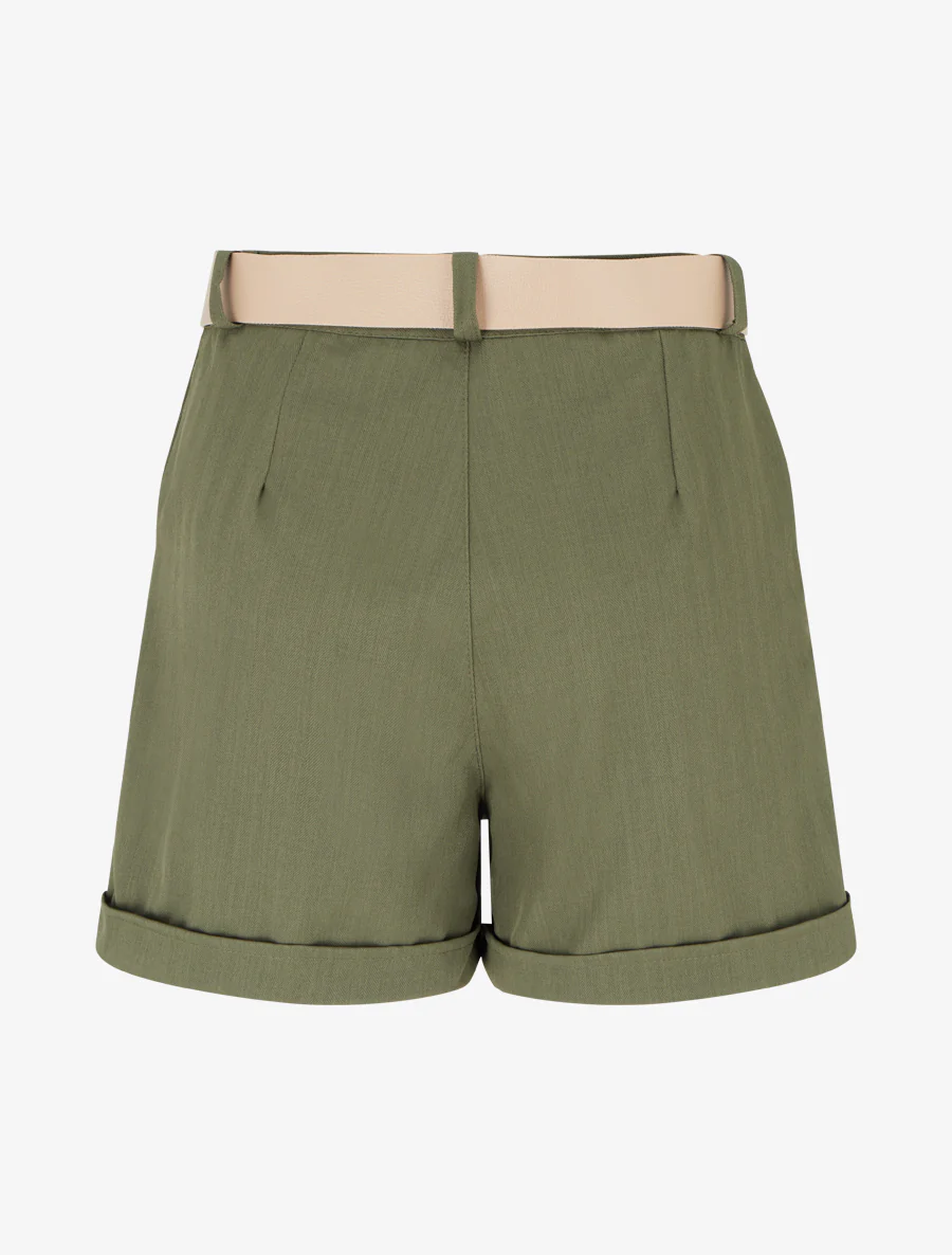 Effen short met ceintuur en zoom - Kaki - Image 2