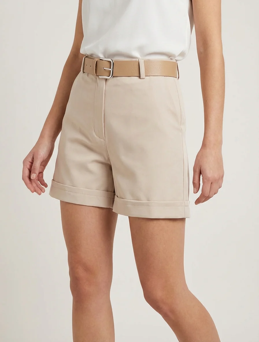 Effen short met zoom en ceintuur - Beige - Image 4