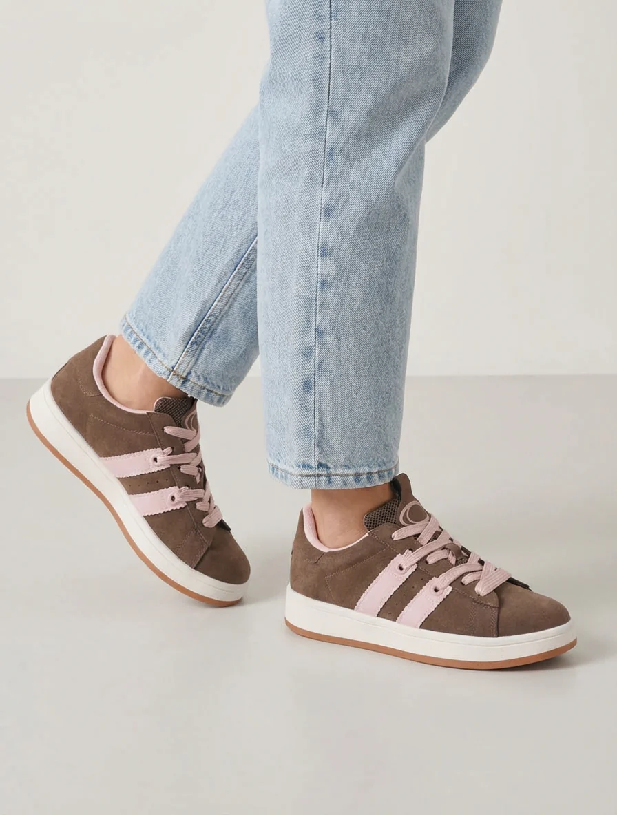 Effen sneakers met contrasterende strepen - Bruin - Image 5