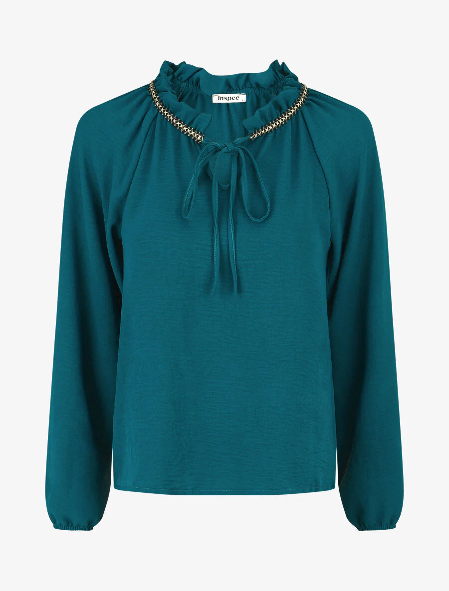 Effen soepele blouse met iriserend detail - Blauwgroen