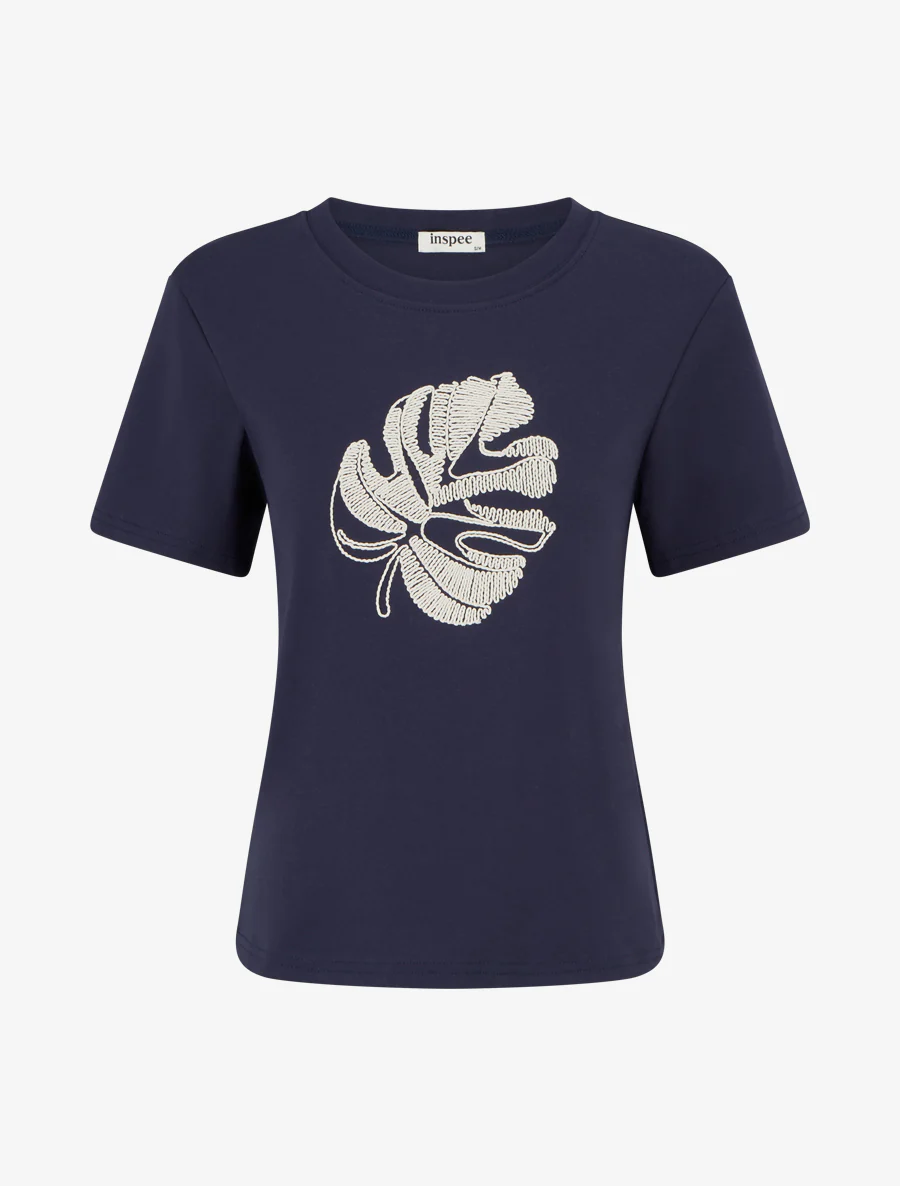 Effen T-shirt met bladborduurwerk - Marine