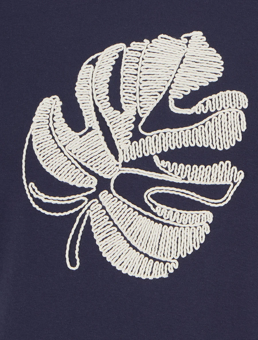 Effen T-shirt met bladborduurwerk - Marine - Image 3