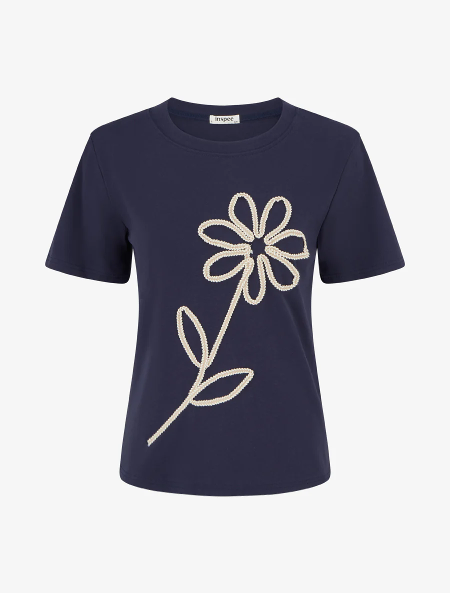 Effen T-shirt met bloemenborduursel - Marine