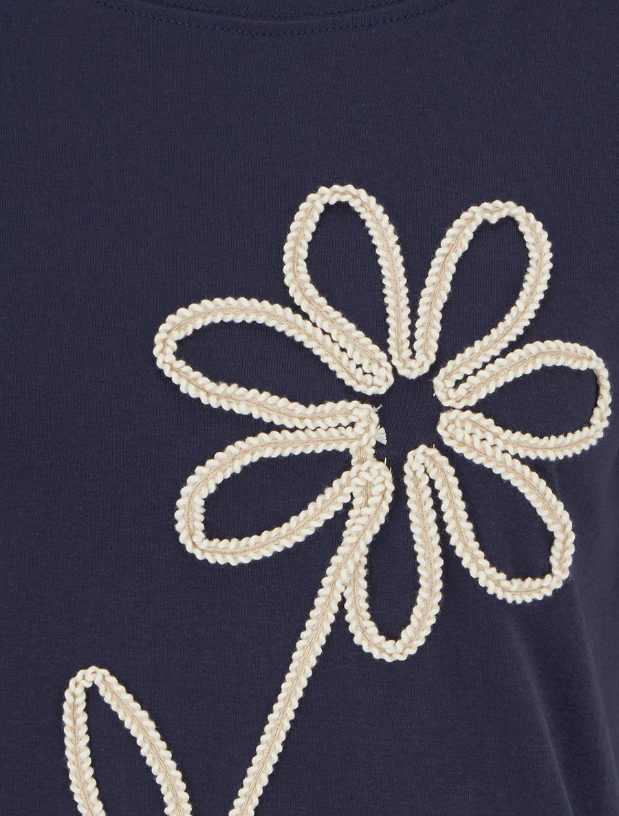 Effen T-shirt met bloemenborduursel - Marine - Image 3