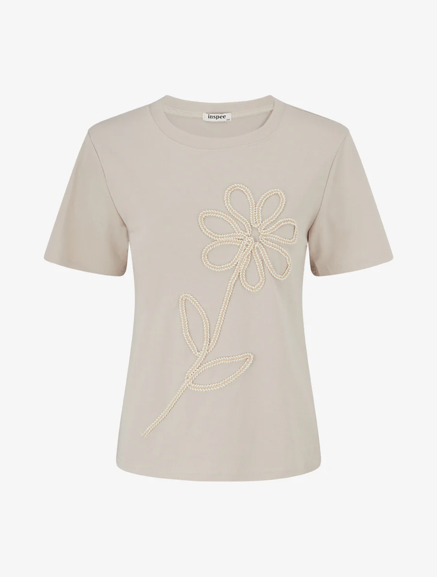 Effen T-shirt met bloemenborduursel - Beige