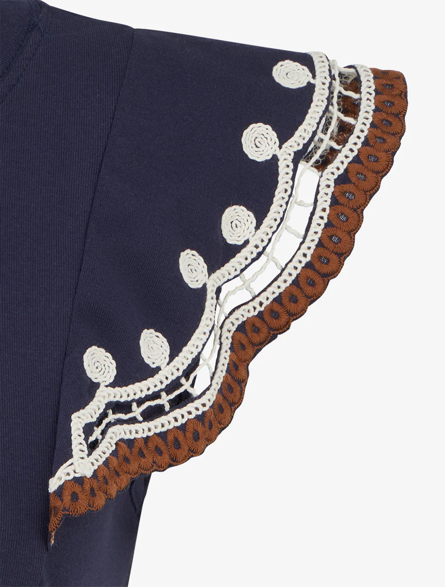 Effen T-shirt met geborduurde korte mouwen - Marine - Image 3
