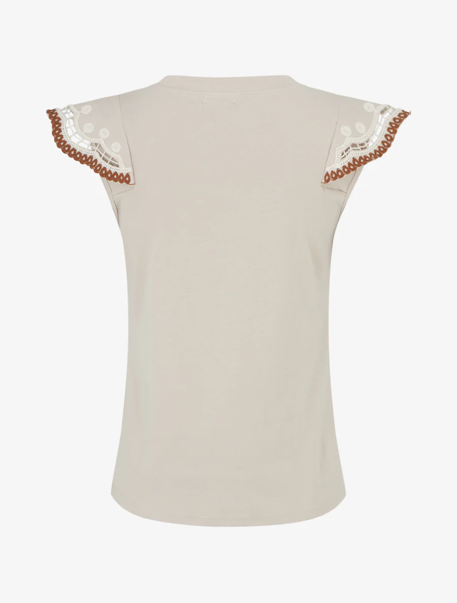 Effen T-shirt met geborduurde korte mouwen - Beige - Image 2
