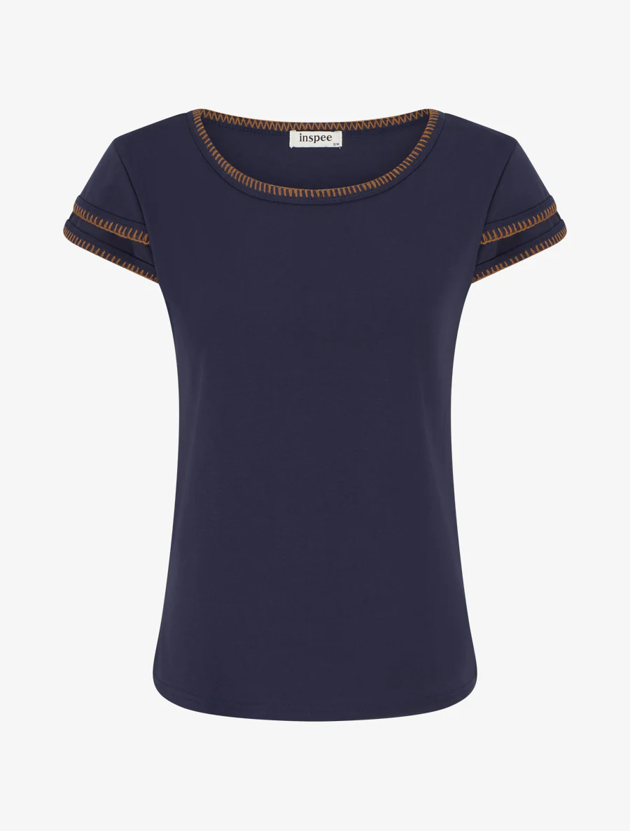 Effen T-shirt met gestileerde korte mouwen. - Blauw