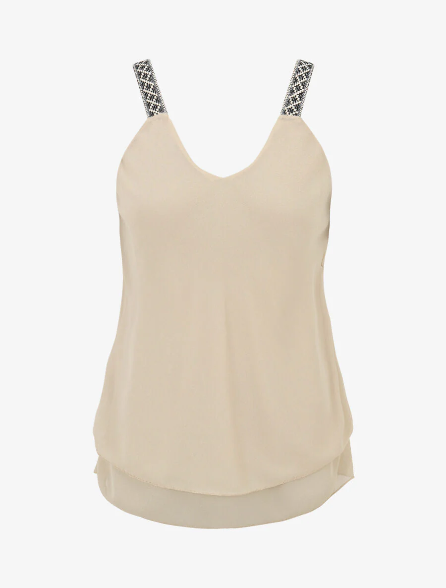 Effen top met aztec-print en bandjes - beige