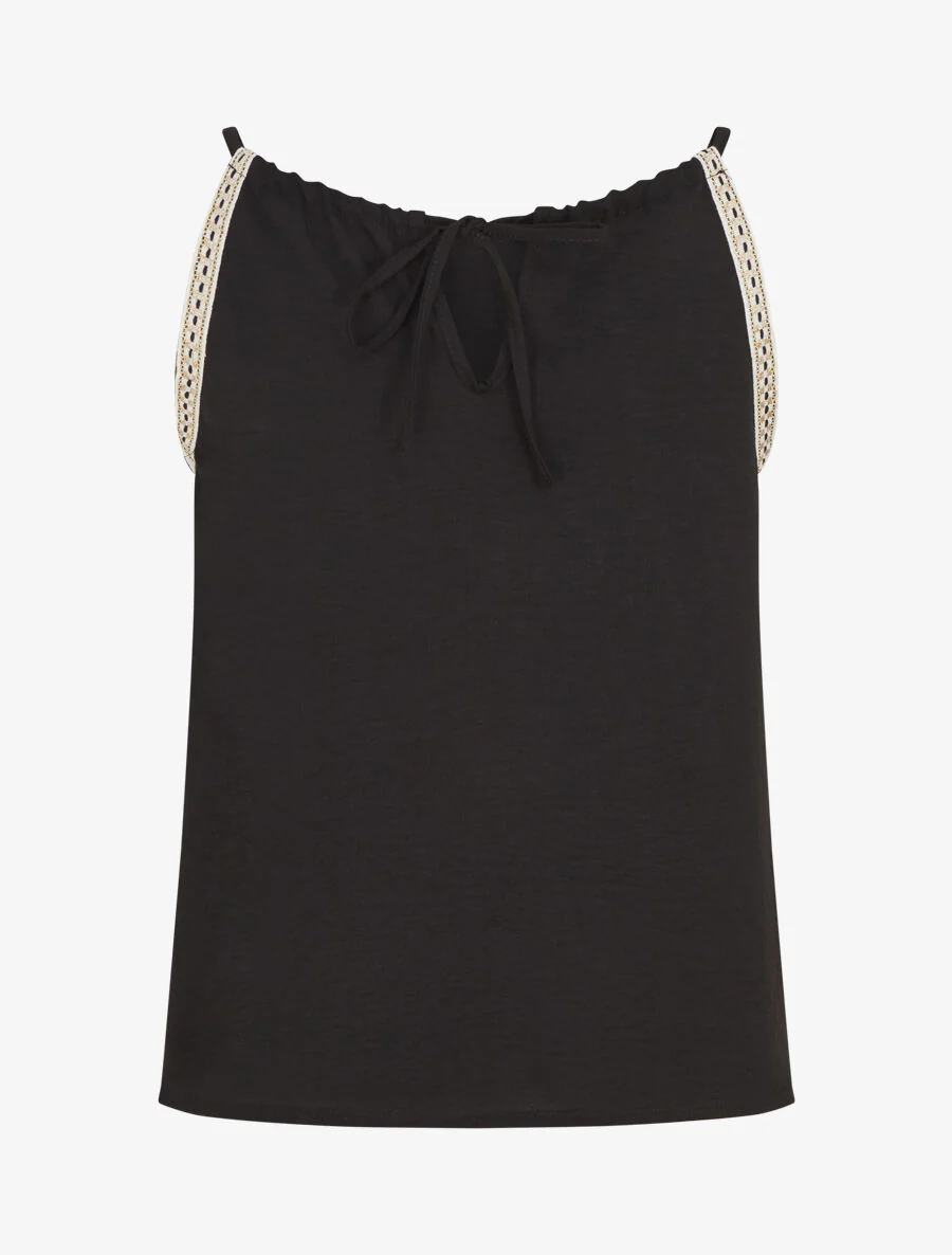Effen top met col en bandjes - Zwart - Image 2