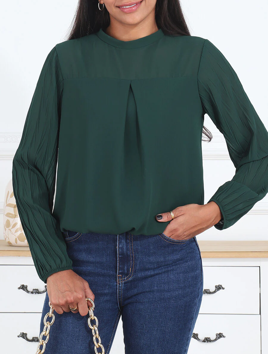 Effen top met geplooide mouwen - smaragdgroen - Image 4