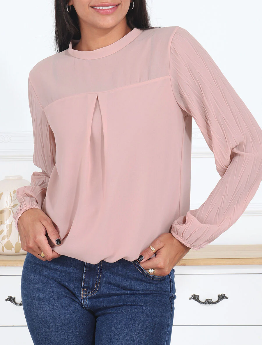 Effen top met geplooide mouwen - Roze - Image 4
