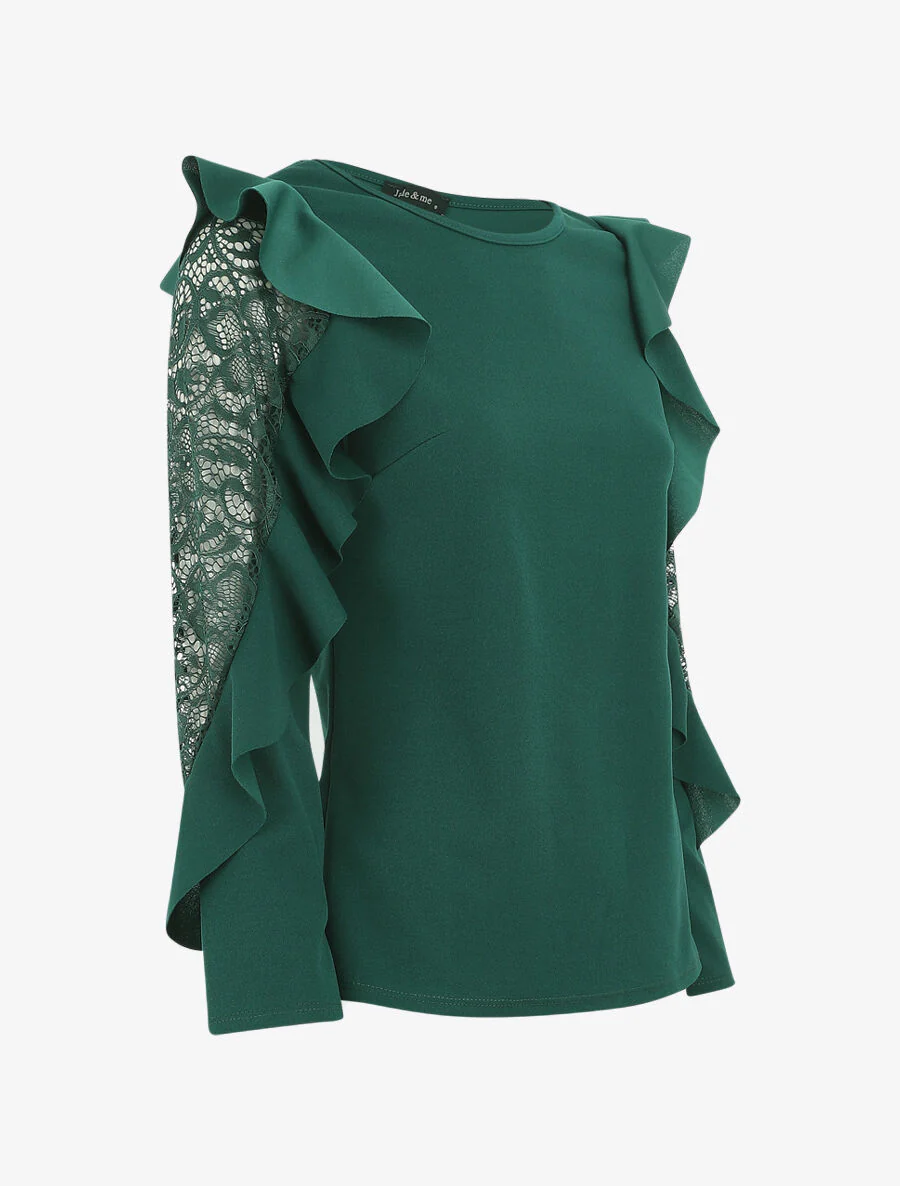 Effen top met kanten mouwen en ruches - groen - Image 2