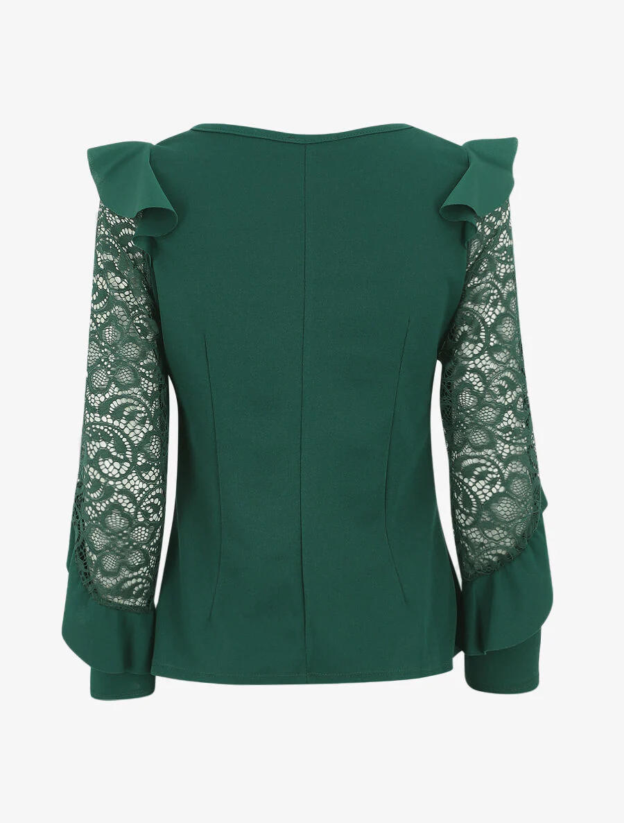 Effen top met kanten mouwen en ruches - groen - Image 3