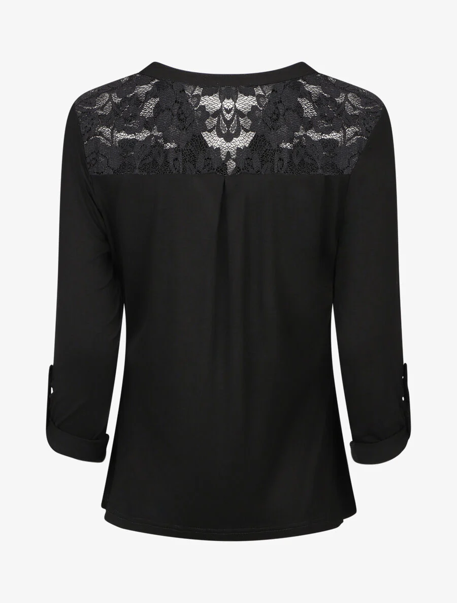 Effen top met lange mouwen en kant - Zwart - Image 2