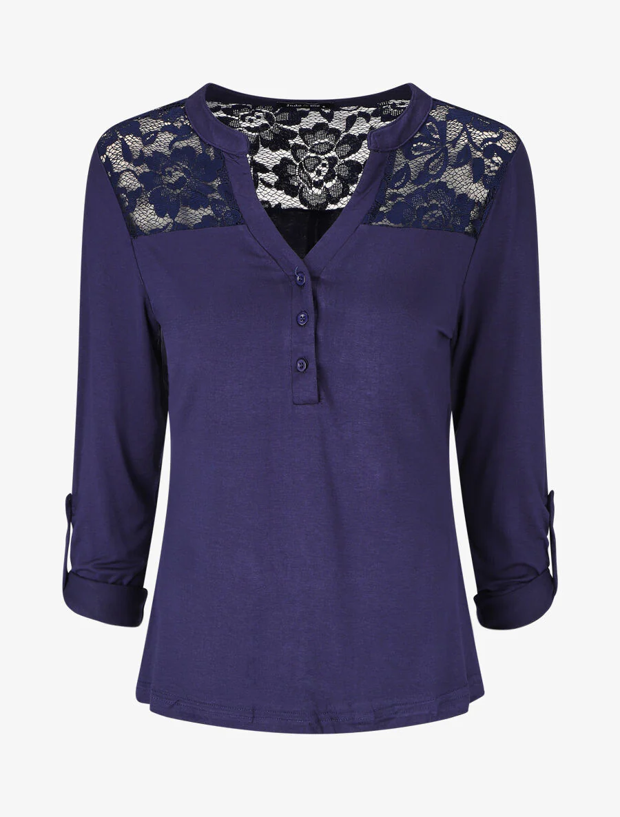Effen top met lange mouwen en kant - Marineblauw