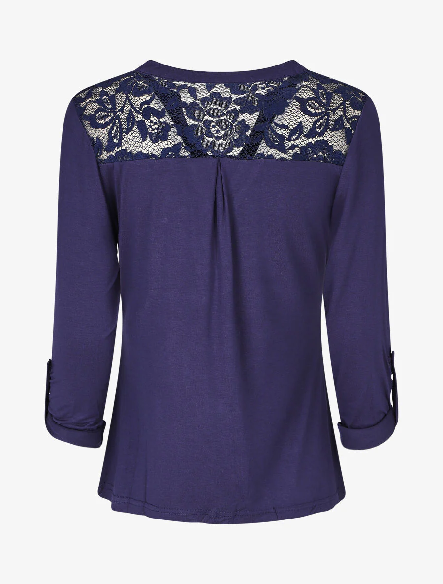 Effen top met lange mouwen en kant - Marineblauw - Image 2